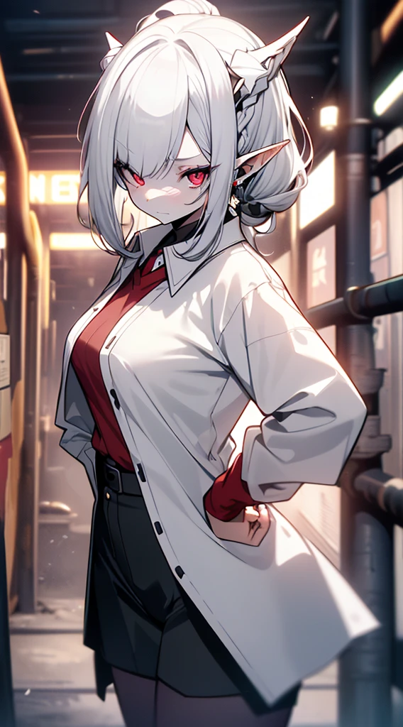 ((( top quality， high definition ，8k， Fair-skinned girl ， top quality)))，(White Hair:1.2)，(poneyTail:1.3)，( red eyes:1.2)，(Elf Ears:1.3)，( white shirt:1.5)、Place your hands on your hips、Shy