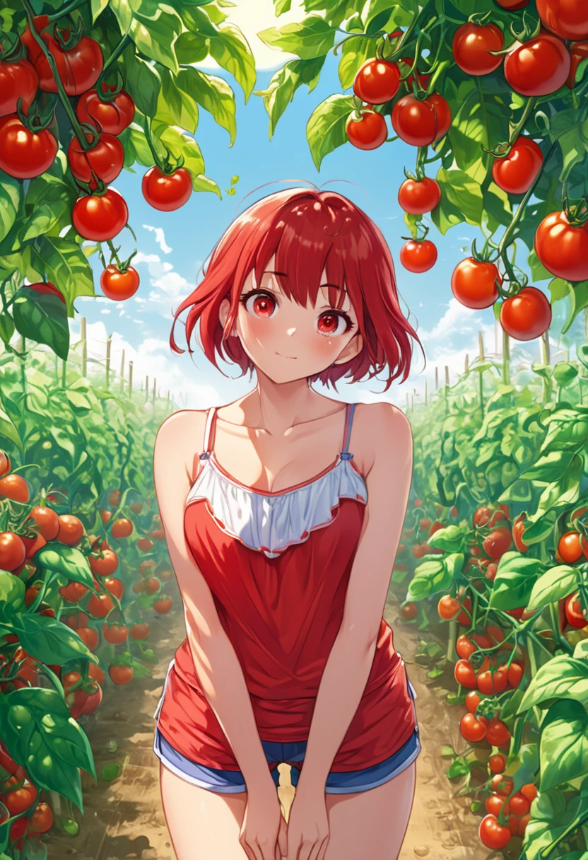 Absurd, Ultra-detailed,Bright colors,(8K:1.3),Masseter muscle area,Very beautifully detailed face and eyes, Age 25, Masseter muscle area、camisole、Shorts、Anthropomorphism of tomatoes,Medium chest、Red skin、Summer Morning、Ghibli,Tomato plantation