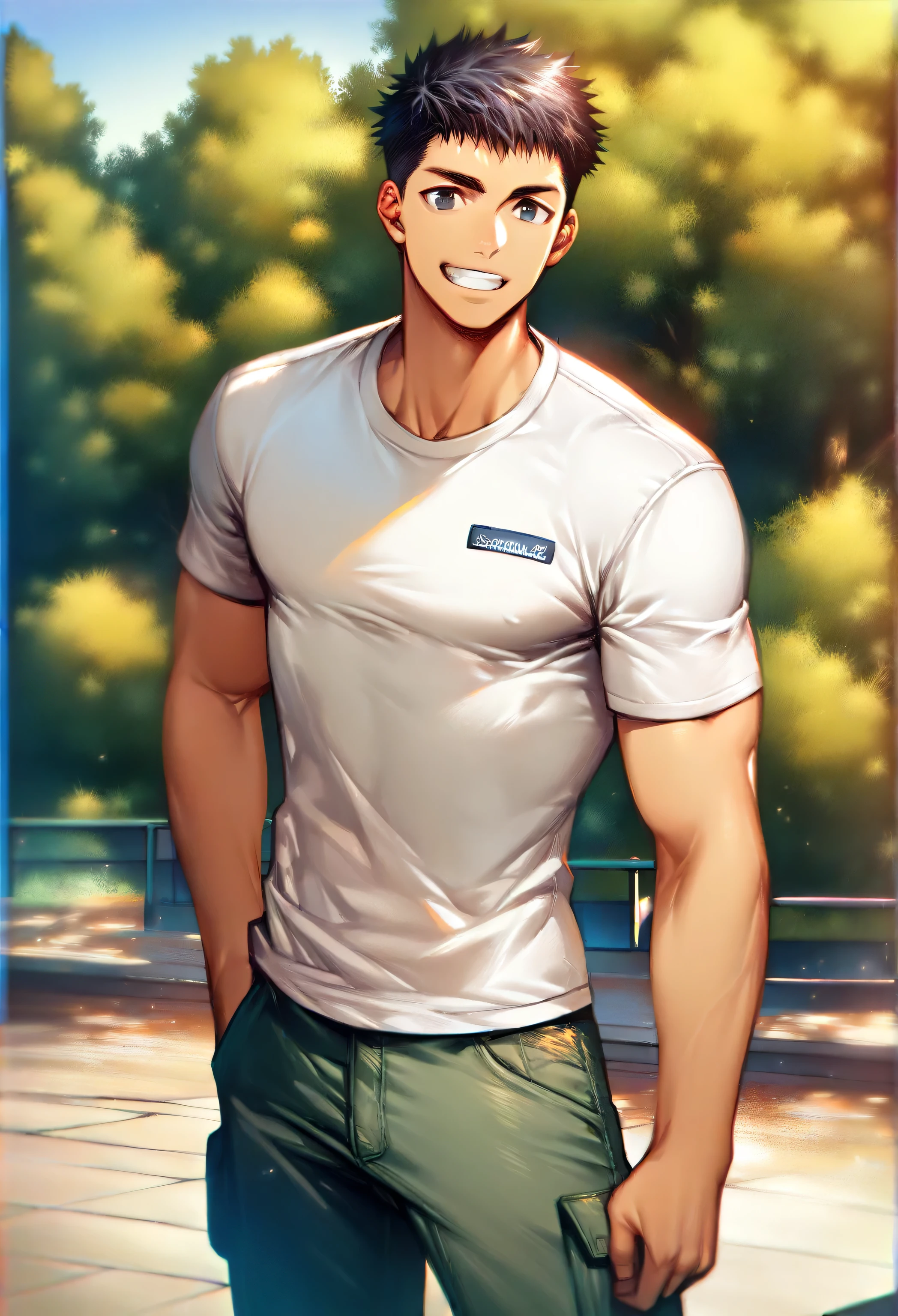 21-year-old man , middle black hair, muscular, white t-shirt, jeans 