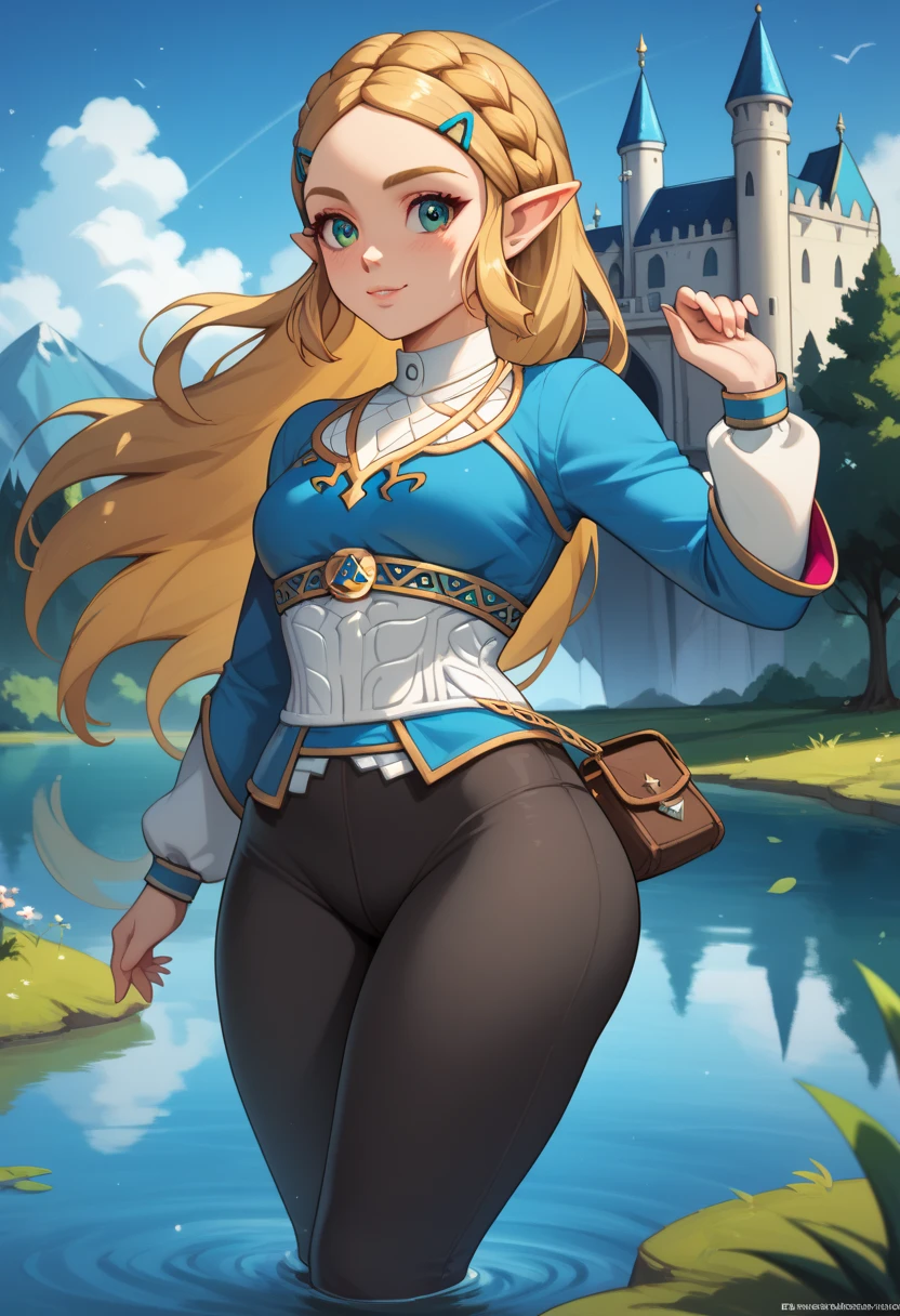 High quality, high resolution, masterpiece, intricate details, 1 girl, solo, Princess Zelda, beautiful, sexy face, gorgeous eyes, blue sweather, black pants, long hair, slim, slim waist, wide hips, fat butt, huge butt, thick thighs, hyrule, royal castle in background, lakes, trees, on a tall Mountain, looking at the view, blue sky, sunny, cute pose