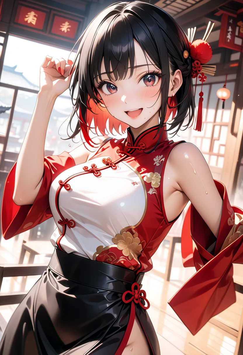 1 girl, 18yo, cheongsam, smile, open mouth, standing, upper body, (various pose:1.5), 8k, RAW photo, best quality, masterpiece, extremely detailed 8k wallpaper, ultra-detailed, best shadow, detailed background, beautiful detailed face, beautiful detailed eyes, nice hands, perfect hands