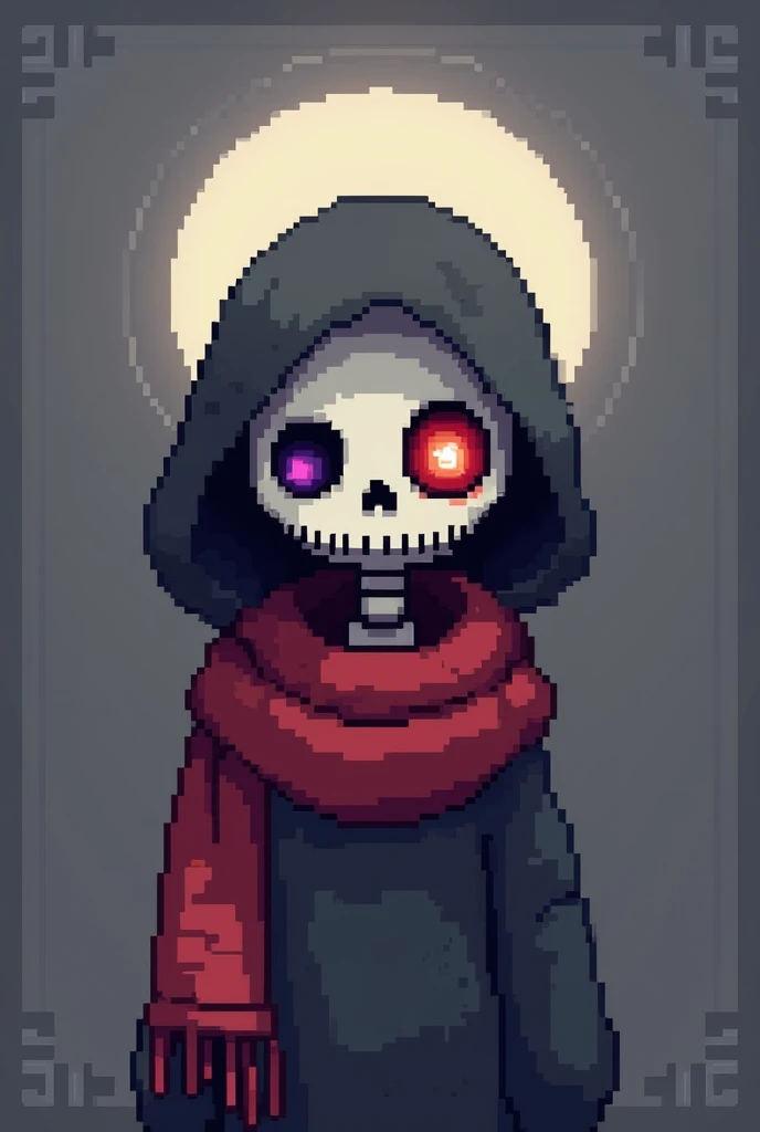 pixel art style, totally black background, red hooded trench coat, deep red trench coat, blood red, faceless, pentagram pendant, holding a skull in hands, front view, flat background