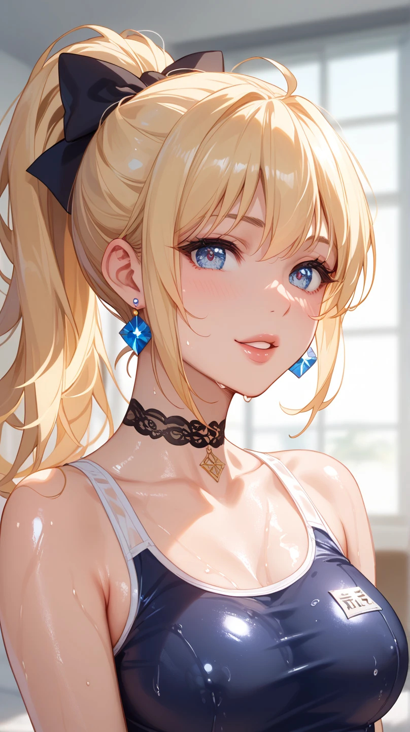 (Siluka Mertes :1.35)、 1 woman 、 ponytail、 straight hair、Blonde、Shiny Hair、Glamorous eyes、 textured skin、Old school swimsuit、Wet、 high definition ,  highest image quality taken by Ki、 top quality、 detailed、 sparkling earrings 、 choker 、 Blur Background 、whole body、front