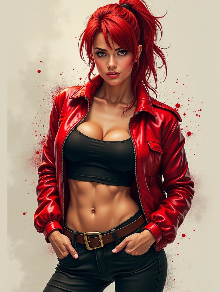 (((1girl, 1woman, alone, solo))), ((gwendolyn_tennyson, big breasts, shaved side hair, fitness, short hair, wide hips, malicious)), ((pink lipstick, Extremely detailed, ambient soft lighting, 4k , perfect eyes, a perfect face, perfect lighting, a 1girl)) , ((fitness, muscular, shapely body, athletic body, toned body)), ((arafed woman, alpha woman, leather jacket, posing for a picture, piercings, red bra, inked, colored, sexy girl, skulls, looking hot, gorgeous women, beautiful, red hot, black jacket red panties, jeans, unbuttoned pants, garage background, motorcycle in the background, wall with tools))