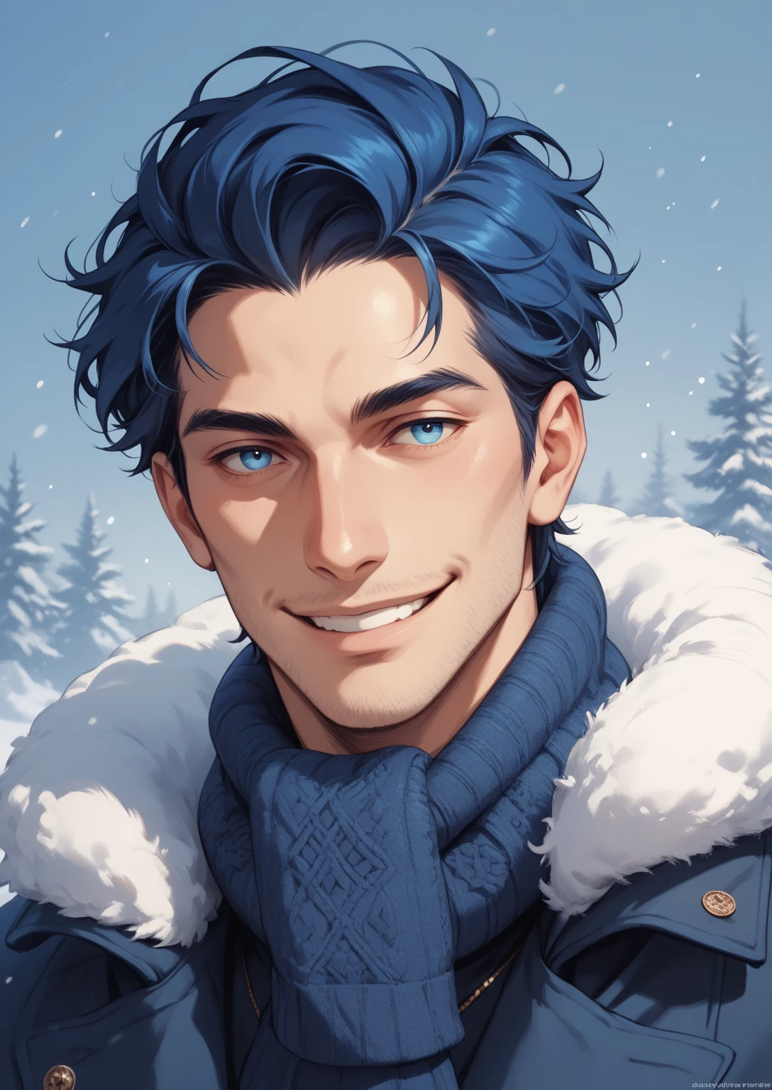  A man with short dark blue hair, blue eyes, with a gentle smile,black sexy winter outfit 