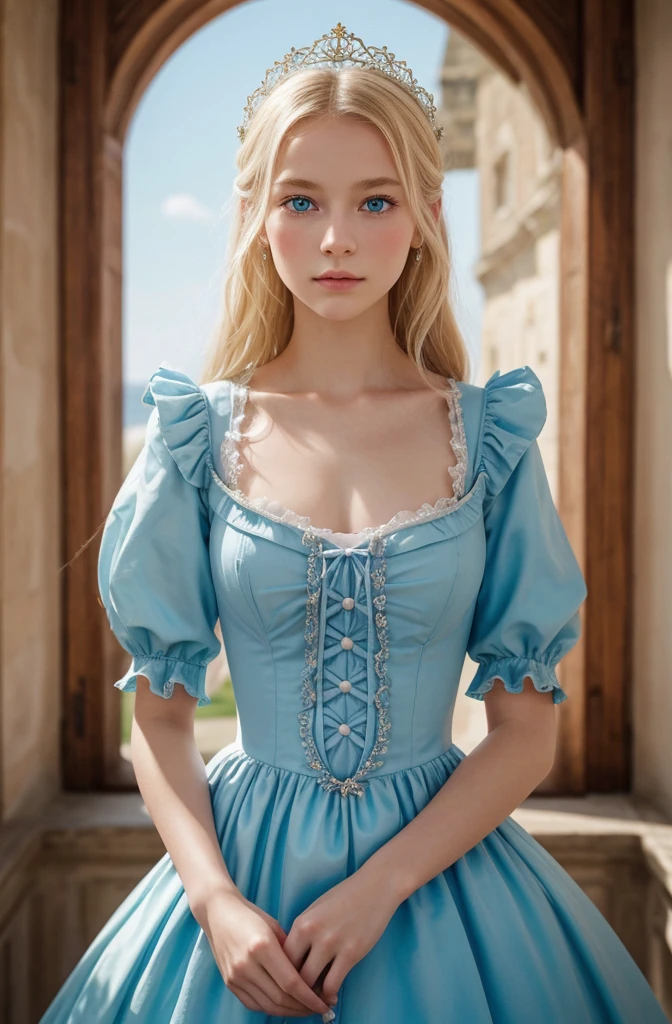 One Woman、solo、-yeld giThe whole body is shown、The background is a medieval European castle、Rococo dresses、Light blue dresarie Antoinette's Dresses、Blonde、blond hair、Blue Eyes、Green eye、Beautiful girl、4k、（（Masterpiece））、（（Delicate））、（Perfect Face）