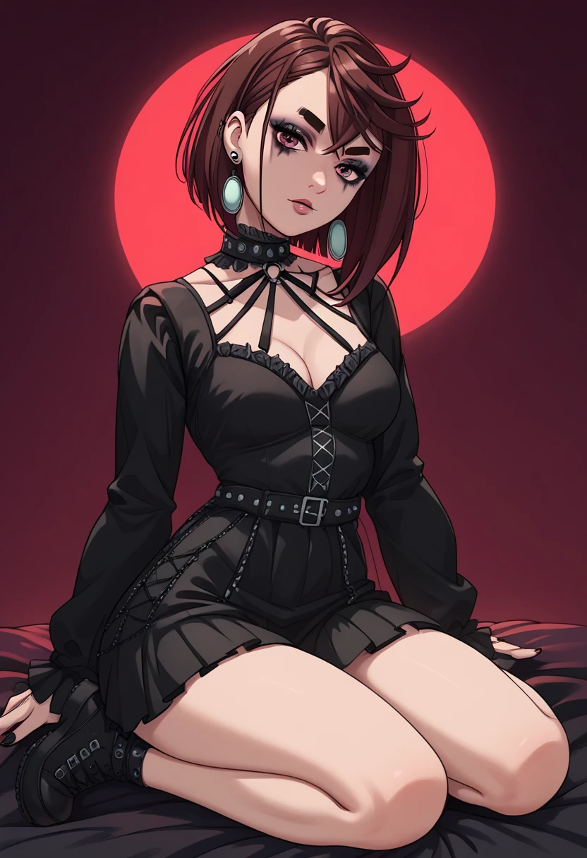 momo ayase, short hair, brown hair, brown eyes, bangs, thick eyebrows, medium breasts, solo, earrings, gothic dress, looking at the viewer, gothic makeup, GOTHIC MAKEUP, bedroom background, red lights, under red lights, BEDROOM BACKGROUND, full body