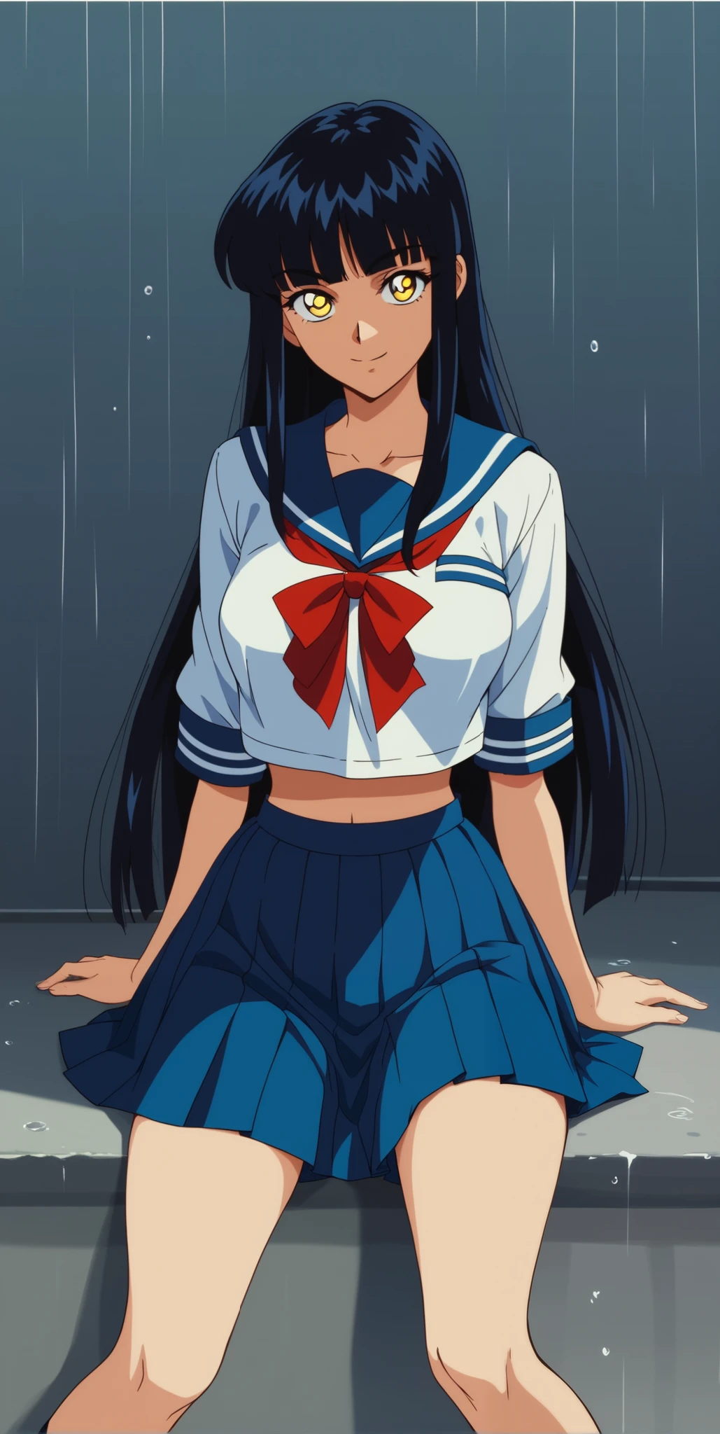 Young woman drawn in 80’s anime art style. 
Retro anime. Vintage Anime. Classical Anime. 
Black HAIR
Hime Cut Hair
(Round and Circle eyes)
(Yellow eyes)
(Medium Sized Eyebrows)
(Light Tan Woman)
(Medium Breast)
Seductive Smile

She is wearing a sailor fuku (セーラー服, sērā fuku, sailor outfit) is a common style of uniform worn by women, traditionally by high school female students. 

The uniform generally consists of a blouse attached with a navy blue sailor-style collar and a very long pleated skirt. The skirt length goes past her knees. 

A ribbon is tied in the front and laced through a loop attached to the blouse. The color is the ribbon is typically red.

School Uniform color is entirely navy blue.
The color of the blouse and shirt are navy blue and the color of the bottom pleated skirt is navy blue. 
(Top and Bottom are navy blue)

(Raindrops) (Rainy Sky) (School) (Solo)