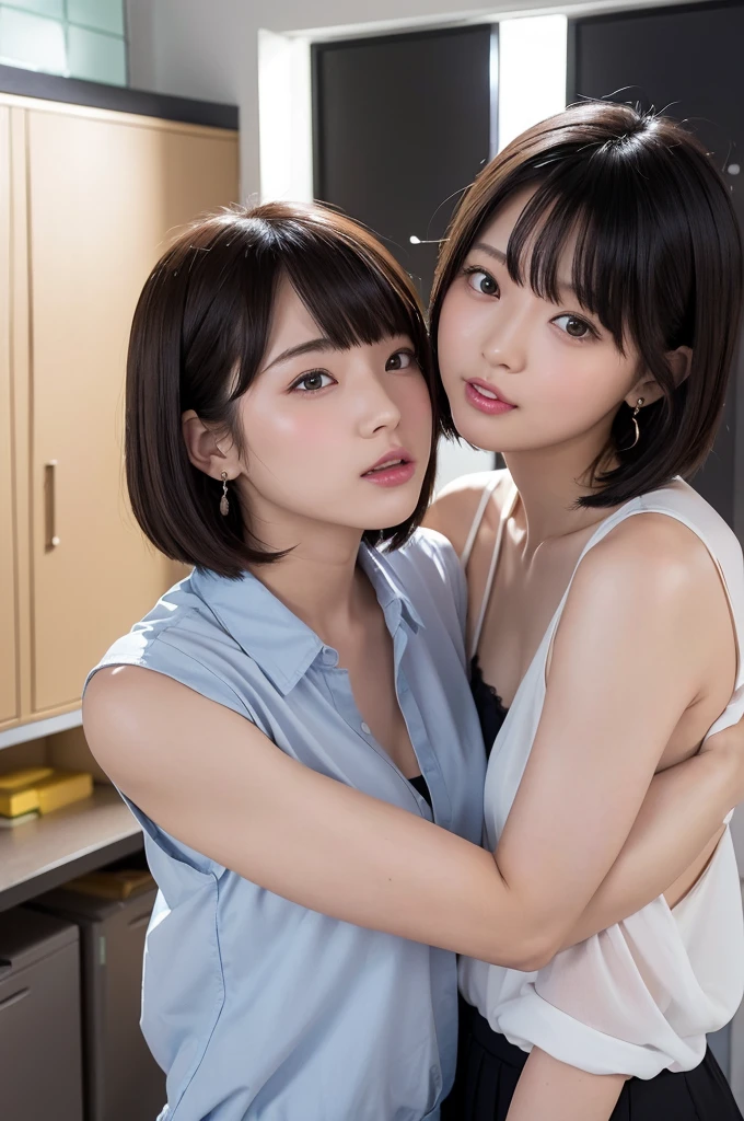 very high quality、become familiar with、Two Japanese women with beautiful faces、single eyelid、amateur、normal person、18 ～ Random age between 35 years old、A little plump、1 shorthair、One person with a ponytail、black hair、Completely naked、Bedroom、look at the camera、attractive appearance、sharp pupils、half open mouth、expression of ecstasy、blush:2.0、Two guys hold and lick one thick penis:2.0、wet skin、wet hair、Drool、Semen on lips and cheeks