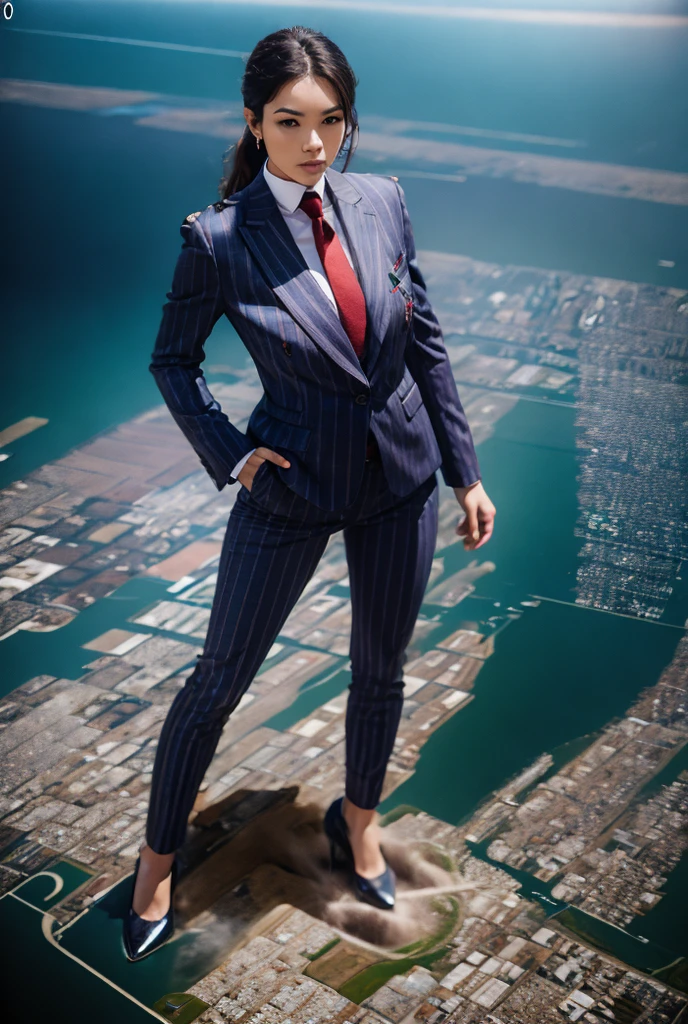 Giantess art, 100 miles tall giga giantess, sophisticated and stylish woman in a light navy blue italian pinstriped trouser suit, form fitting crisp white office shirt, and a large wide red necktie in a windsor knot, with a beautiful, curvaceous figure, large natural breasts, and long wavey blonde hair, with a curvaceous figure and massive breasts. wearing red rounded court high heels with uncovered feet and standing, rampage-like pose, with a cityscape background of mega-city, urban sprawl, and small towns, partially obscured by a hazy, cloudy atmosphere. The image is a high-resolution, masterpiece-quality, cinematic, ultra-detailed, and hyper-photorealistic photograph, with perfect hands, face, and lighting. ultra-detailed, 8K, photo-realistic, hyper-realistic, masterpiece, intricate details, full body view. Looking at camera, The image is a high-resolution, masterpiece-quality, cinematic, ultra-detailed, and hyper-photorealistic photograph, with perfect hands, face, and lighting. ultra-detailed, 8K, photo-realistic, hyper-realistic, masterpiece, intricate details, full body view, view from below