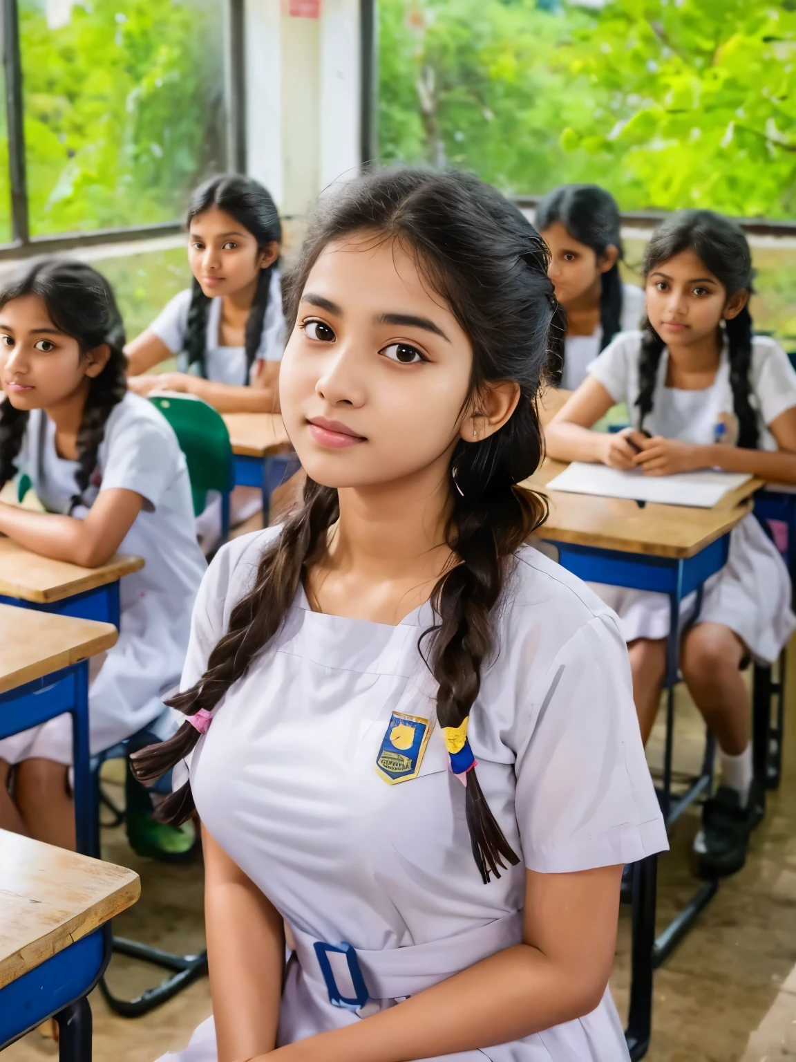 Raw photo, beautiful sri lanka girl, with twin braids hair, wearing white frock , black shoes, white socks, big breasts , standing in the classroom, professional photographer, (hdr:1.4), masterpiece, ultra-realistic 8k, perfect artwork, intricate details, cute face, award winning photograph, (Best quality, 8k, 32k, Masterpiece, UHD:1.3)