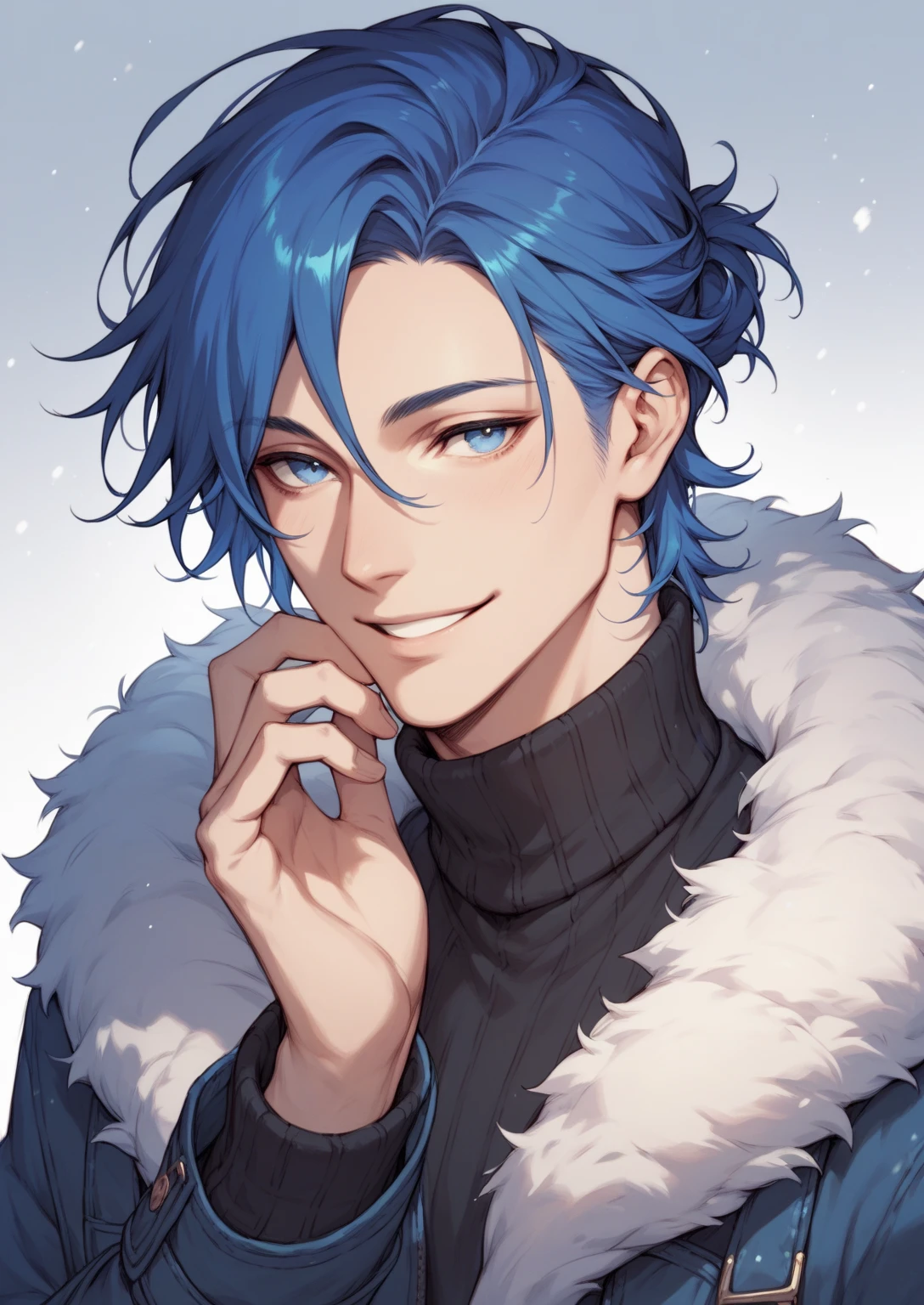  A man with short dark blue hair, blue eyes, with a gentle smile,black sexy winter outfit 