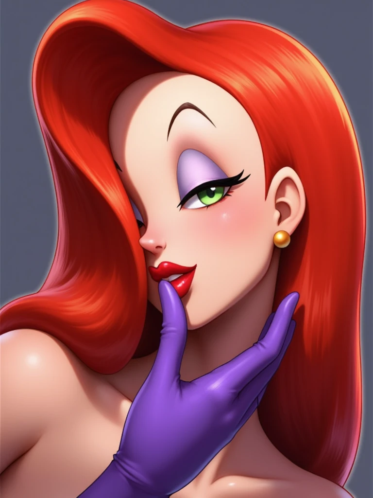 digital artwork of jessica rabbit, a close-up portrait of her head with one eye hidden behind her flowing red hair, her lips forming a sultry kiss directed at the viewer, her long purple glove-covered hand elegantly raised to emphasize the gesture, her features are striking and detailed with a smooth, polished finish, vibrant colors and soft shading highlight her iconic look, green eyes, golden earring full body Large breasts, bbw