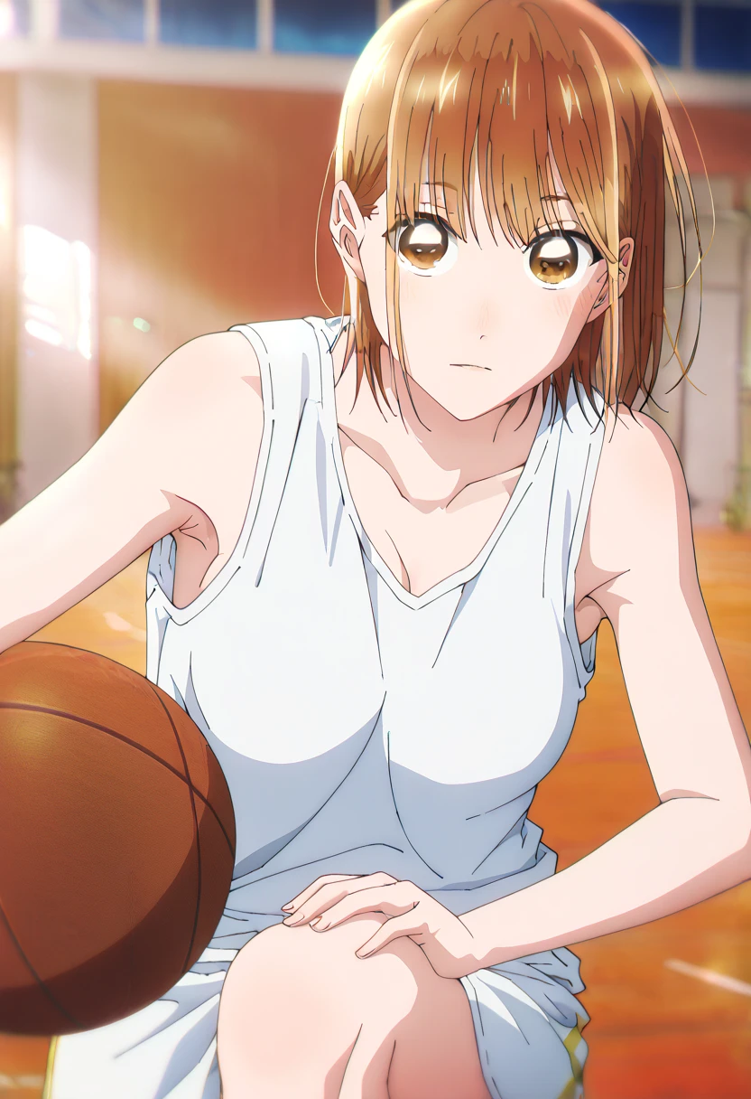   1 girl, Alone, Chinatsu,   Blurry Background,   brown eyes、  basketball uniform with a basketball in hand、   tank top、Bibs、 black inner 、Naked 、 medium boobs、   large areolas supporting breasts 、  lean forward 、  place your hands on your knees、  small 、belly button、Gym、   Basketball Only  、looking at viewer, masterpiece,  top quality,   High Quality ,     very aesthetic  ,   absurd、(   Basketball Only  、Armpit、Armpit汗、 dribble、Move)、execution、 hopeless、  sweated、In motion、Basketball Ring  