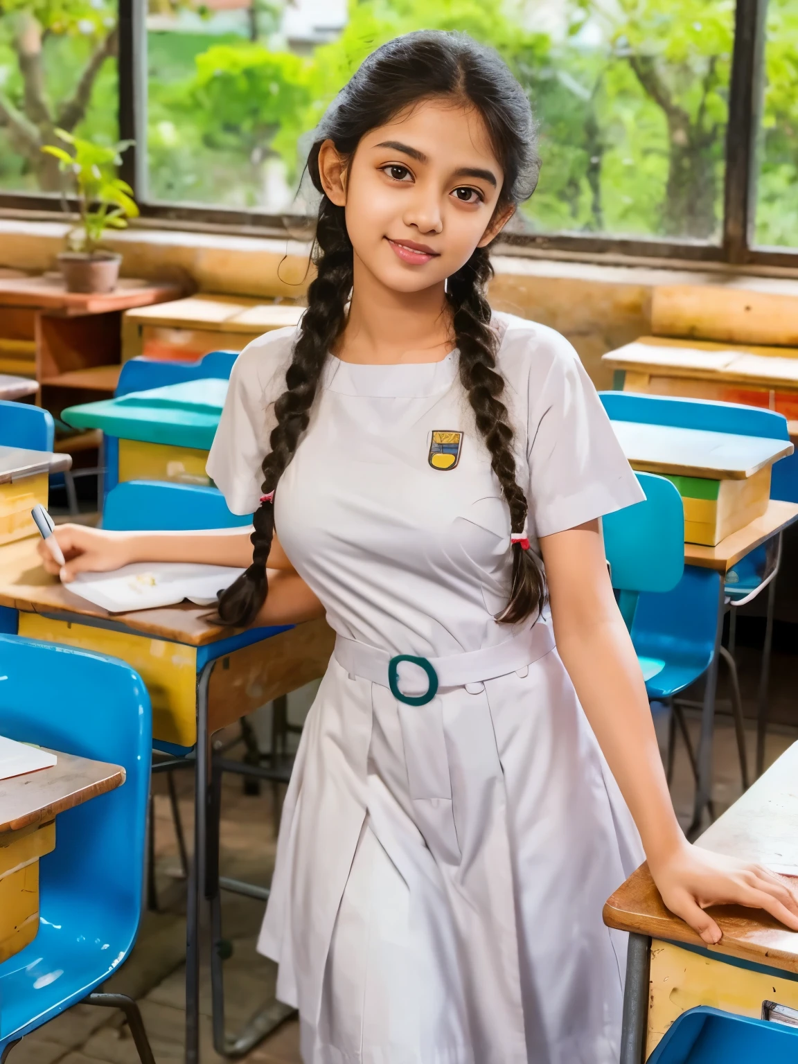 Raw photo, beautiful sri lanka girl, with twin braids hair, wearing white frock , black shoes, white socks, big breasts , standing in the classroom, professional photographer, (hdr:1.4), masterpiece, ultra-realistic 8k, perfect artwork, intricate details, cute face, award winning photograph, (Best quality, 8k, 32k, Masterpiece, UHD:1.3)