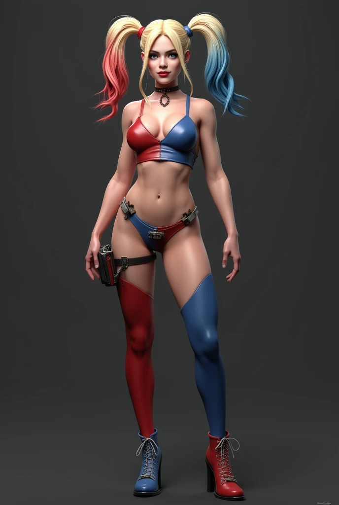 Harley Quinn pin up, Gil Elvgren, wearing a open leather jacket, holding his big hammer in his hand