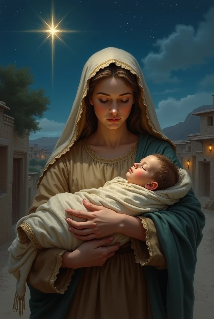 A beautiful Virgin Mary gently cradles a child in a city ruined by war.