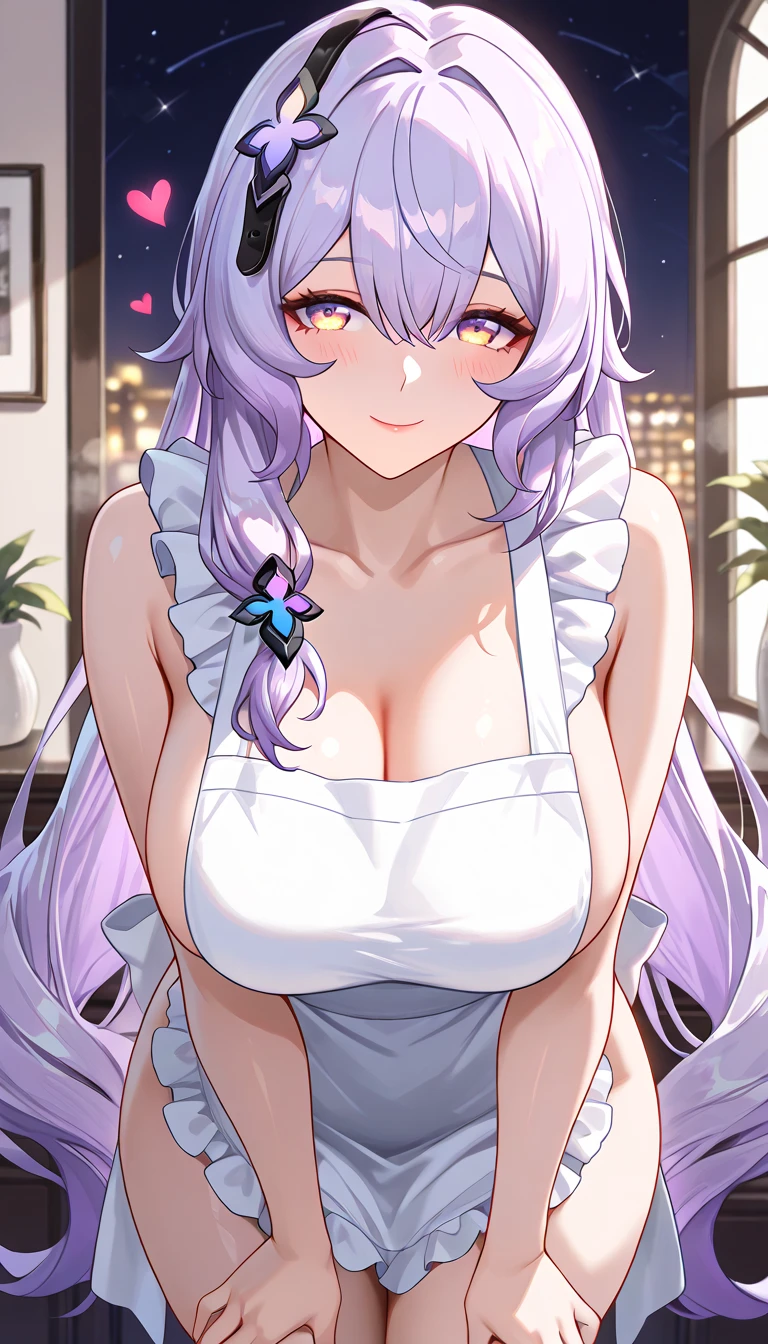 ultra-detailed,(best quality),((masterpiece)),(highres),original,extremely, 1girl, black swan,honkai  star rail, milf, service maid, beautiful woman, beautiful body, mature,  yellow eyes, wife,milf, purple hair, large breasts, happy,smile, closed mouth, blush, in heat, blush, long hair,naked apron ,breast grab,love, heart,