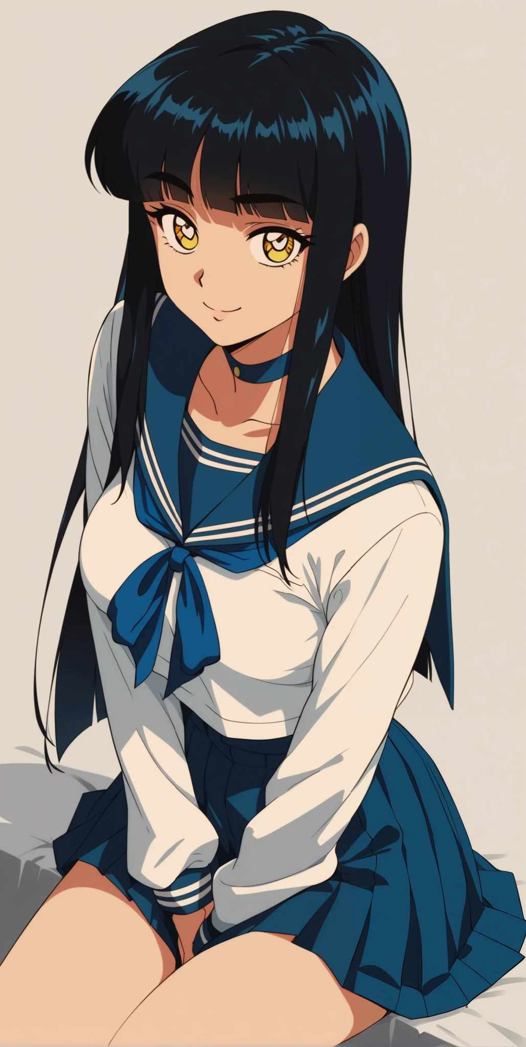 Young woman drawn in 80’s anime art style. 
Retro anime. Vintage Anime. Classical Anime. 
Black HAIR
Hime Cut Hair
(Round and Circle eyes)
(Yellow eyes)
(Medium Sized Eyebrows)
(Light Tan Woman)
(Medium Breast)
Seductive Smile

She is wearing a sailor fuku (セーラー服, sērā fuku, sailor outfit) is a common style of uniform worn by women, traditionally by high school female students. 

The uniform generally consists of a blouse attached with a navy blue sailor-style collar and a very long pleated skirt. The skirt length goes past her knees. 

A ribbon is tied in the front and laced through a loop attached to the blouse. The color is the ribbon is typically red.

School Uniform color is entirely navy blue.
The color of the blouse and shirt are navy blue and the color of the bottom pleated skirt is navy blue. 
(Top and Bottom are navy blue)

(High School) (Solo)