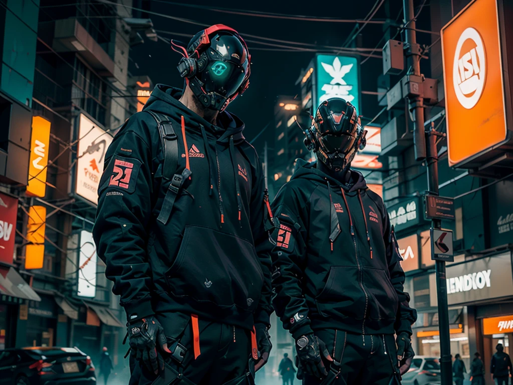 (Obra maestra, plano de cuerpo completo, Intricate raw photography)Ciudadano cyberpunk, Oversized extra asymmetrical black hooded sweatshirt, pantalones cargo negros, ropa negra, oscura, guantes tacticos, el lleva puesto un cyberhelmet futurista color negro de alta tecnologia, brillante, algo parecido a daftpunk, muy intrincado, Small LED details, Advanced technology closed helmet, ambiente oscuro, dramatic, luz y sombra, ((cinematic, black neon,)) action film, nitidez, neon-noir ciudad moderna, neon street lights, calle oscura, noche, foto de Insta, Photo of the Year, Epic resolution, Epic Quality, Epic sharpness, Intrincada epopeya, tech-wear,Reelmech