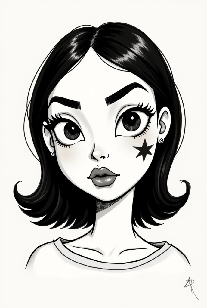 Create a persons face like its drawn with an oval face, bushy eyebrows, almond eyes, with a star birthmark on the left cheek, straight thin nose, generous lips, shoulder length hair, thick neck. make it easy to draw