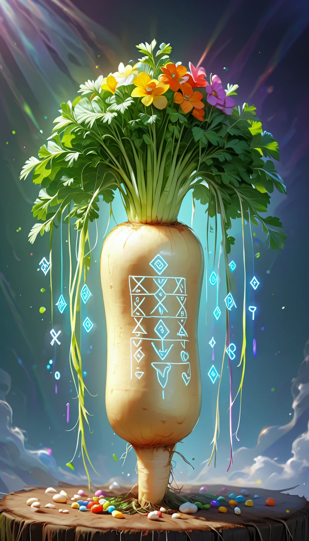  super realistic , Daikon, rainbow growing runes, 