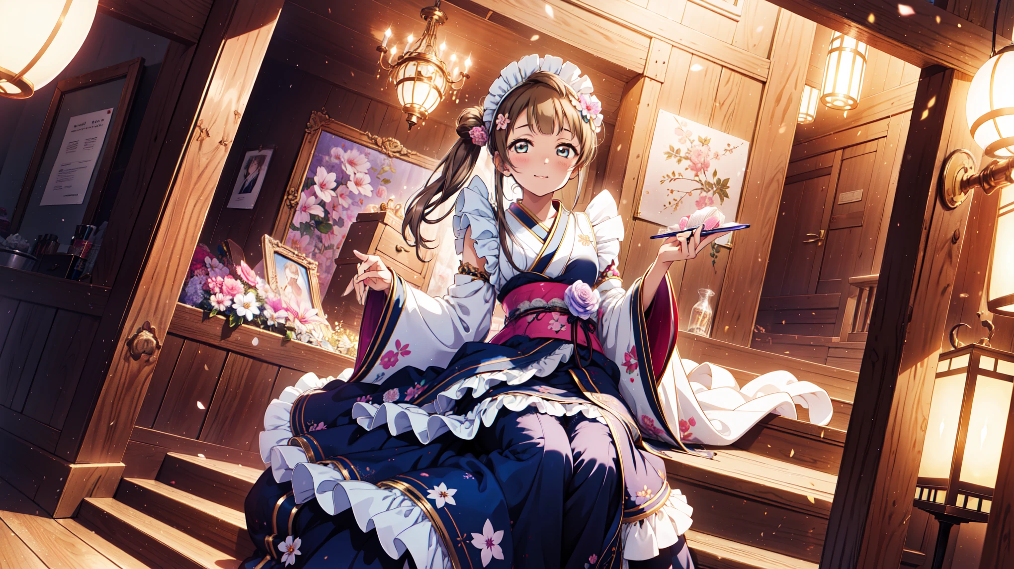 Minami Kotori, Headdress, High Quality High Resolution Masterpieces, Unity 8K Wallpaper , illustration, delicate eyes , Rich facial details, High Detailed CG , Lace, Stunning Clear Fabrics , Clear Clothes , Shabby Clothes,Japanese maid costume,stocking,flower,candy,Marvelous Scenes