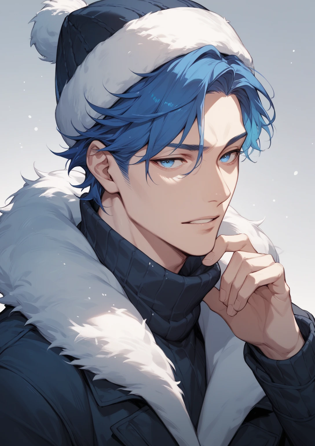  A man with short dark blue hair, blue eyes,black winter outfit 