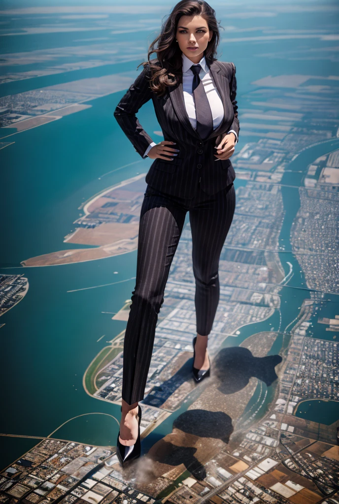 Giantess art, 100 miles tall giga giantess, sophisticated and stylish woman in a light black italian pinstriped trouser suit, form fitting crisp white office shirt, and a large wide red necktie in a windsor knot, with a beautiful, curvaceous figure, large natural breasts, and long wavey blonde hair, with a curvaceous figure and massive breasts. wearing red rounded court high heels with uncovered feet and standing, rampage-like pose, with a cityscape background of mega-city, urban sprawl, and small towns, partially obscured by a hazy, cloudy atmosphere. The image is a high-resolution, masterpiece-quality, cinematic, ultra-detailed, and hyper-photorealistic photograph, with perfect hands, face, and lighting. ultra-detailed, 8K, photo-realistic, hyper-realistic, masterpiece, intricate details, full body view. Looking at camera, The image is a high-resolution, masterpiece-quality, cinematic, ultra-detailed, and hyper-photorealistic photograph, with perfect hands, face, and lighting. ultra-detailed, 8K, photo-realistic, hyper-realistic, masterpiece, intricate details, full body view, view from below