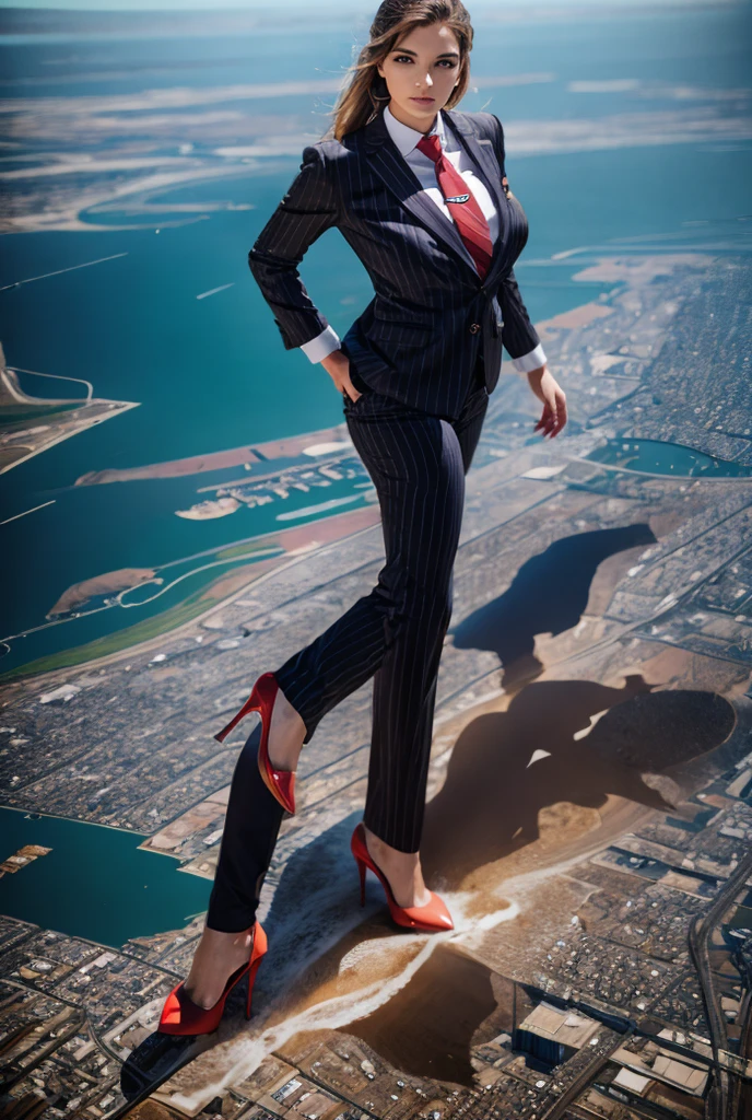 Giantess art, 100 miles tall giga giantess, sophisticated and stylish woman in a light black italian pinstriped trouser suit, form fitting crisp white office shirt, and a large wide red necktie in a windsor knot, with a beautiful, curvaceous figure, large natural breasts, and long wavey blonde hair, with a curvaceous figure and massive breasts. wearing red rounded court high heels with uncovered feet and standing, rampage-like pose, with a cityscape background of mega-city, urban sprawl, and small towns, partially obscured by a hazy, cloudy atmosphere. The image is a high-resolution, masterpiece-quality, cinematic, ultra-detailed, and hyper-photorealistic photograph, with perfect hands, face, and lighting. ultra-detailed, 8K, photo-realistic, hyper-realistic, masterpiece, intricate details, full body view. Looking at camera, The image is a high-resolution, masterpiece-quality, cinematic, ultra-detailed, and hyper-photorealistic photograph, with perfect hands, face, and lighting. ultra-detailed, 8K, photo-realistic, hyper-realistic, masterpiece, intricate details, full body view, view from below