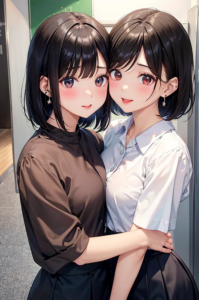   2 girls ,   high definition ,  black hair,   earrings, cute、23 years old、 Office Lady、 office casual clothes、 skirt、 bob cut, Brown Hair, Let's hug each other fiercely  、summer、 Company Locker Room、Daytime、shadow、OL、 Tongue-entwined kiss、Melty eyes、blush、Tokyo、