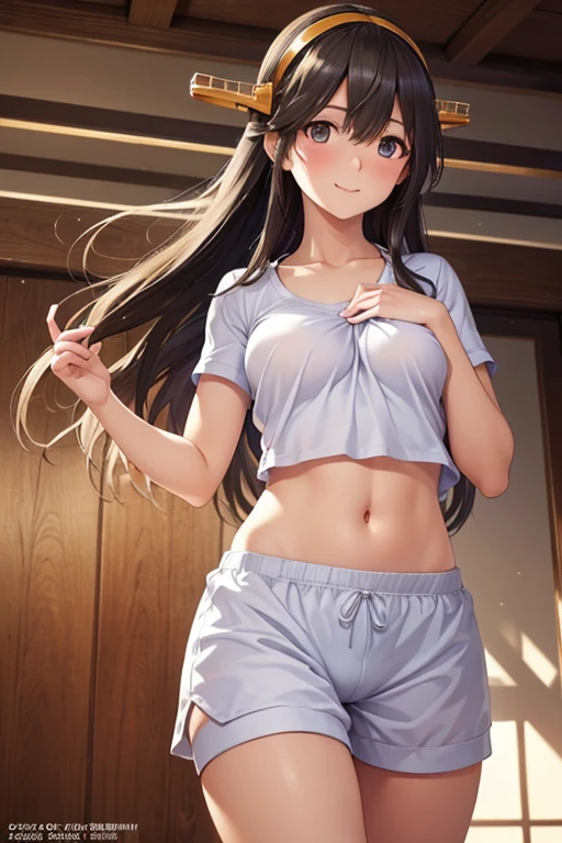 , black hair, blond eyes , long hair, headband, headgear , hair ornament, hair clip,, (、Sparkling Eyes, fine grain)、smile、 super detailed eyes、 very detailed face ,  high definition eyes , Cowboy Shot 、
( top quality, Extremely Detailed Description , amazingly high resolution , anatomically accurate depiction , software ),
(masterpiece:1.2,  top quality), ( realistic , photo realistic :1.4),  beautiful illustration , ( natural light,  movie lighting), 
 show viewers,  upper body, (Front View),  1 girl,  Japanese , ,  perfect face,  cute and symmetrical face,  Glowing Skin , , 
 beautiful hair,  beautiful face, Perfect means、 perfect five fingers 、 Attention to Beautiful Details,  beautiful collarbone ,  beautiful body,  Beautiful breasts ,   beautiful thighs,  beautiful legs with tails, Beautiful fingers , 
( short sleeve cropped gym clothes,belly button、 Bloomers:1.5,), 
(  Beautiful Scenery  ),  evening , gym,   peace sign, (かわいらしいsmile,   Upward Glance  ),  ( grabs the chest:1.6)