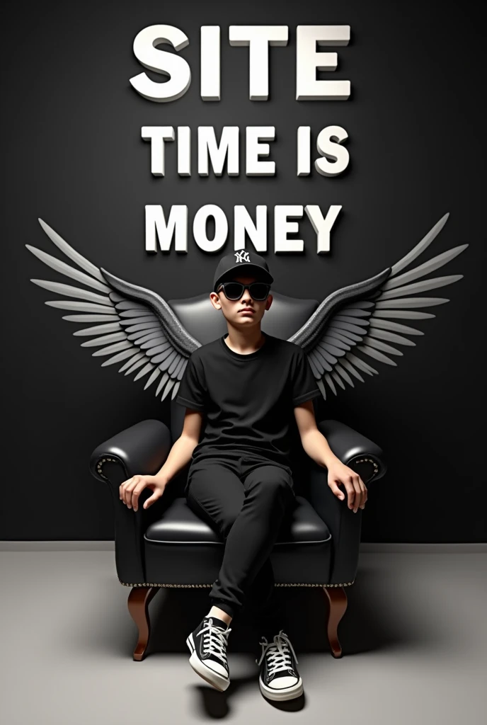 Create a 3D illusion for a Instagram profile picture where a boy in a black shirt sits casually on a Wingback Chair. Wearing sneakers, a black cricket cap, and sunglasses, he looks ahead. The background features "AFZAL" in big and capital white fonts on the black wall. Site Time is Money. There should not be his shadow, and there are wings to make it appear as if he is an angel.