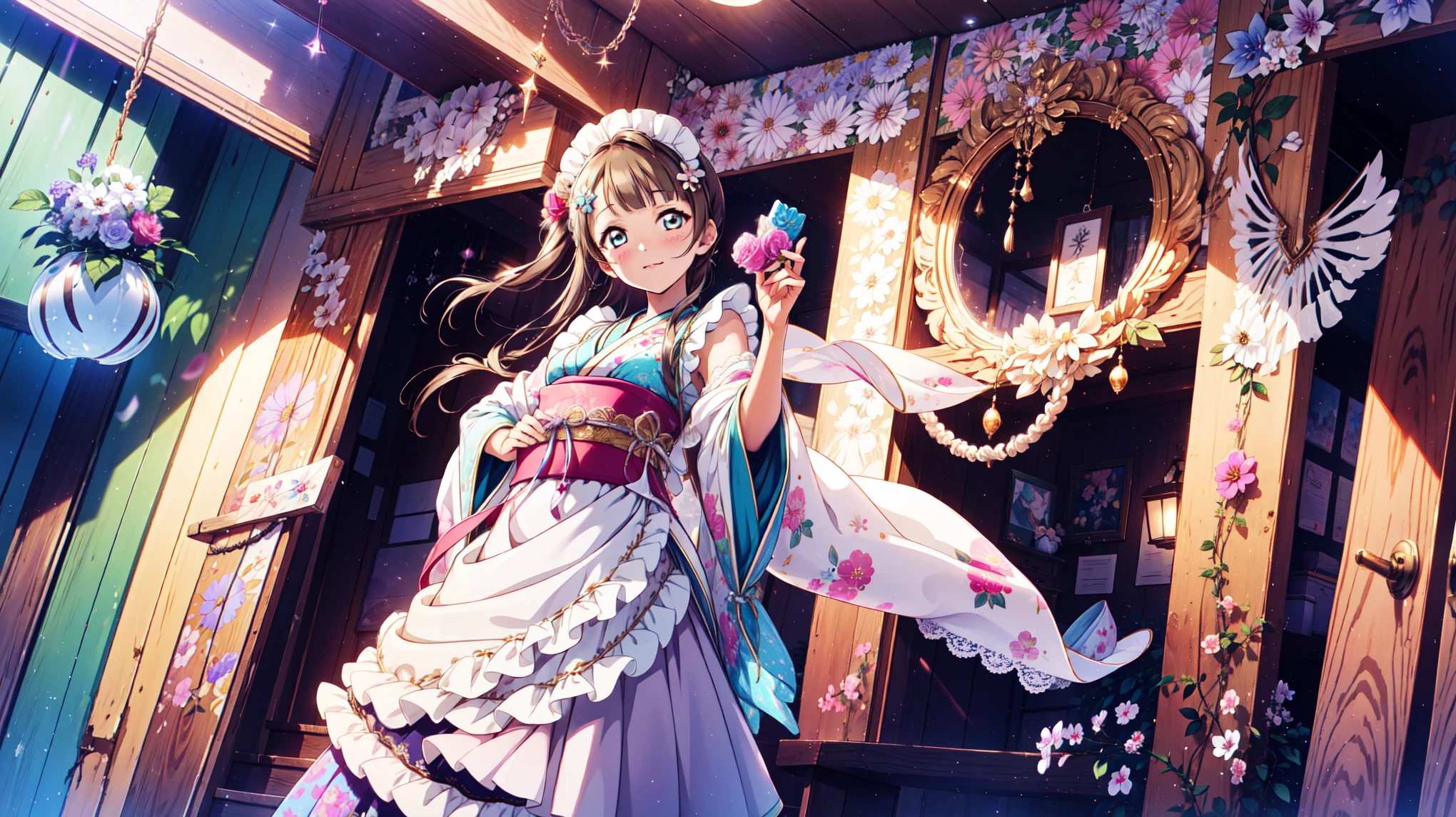 Minami Kotori, Headdress, High Quality High Resolution Masterpieces, Unity 8K Wallpaper , illustration, delicate eyes , Rich facial details, High Detailed CG , Lace, Stunning Clear Fabrics , Clear Clothes , Shabby Clothes,Japanese maid costume,stocking,flower,candy,Marvelous Scenes