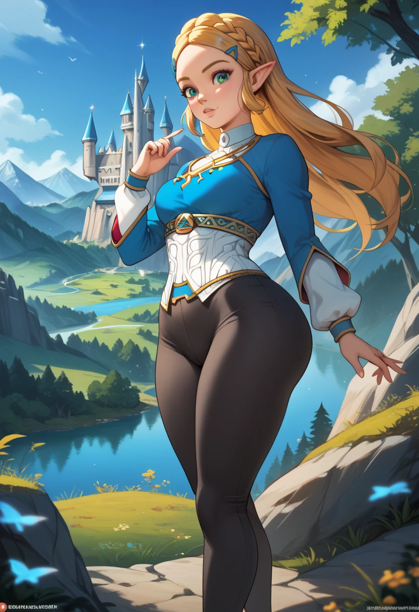 High quality, high resolution, masterpiece, intricate details, 1 girl, solo, Princess Zelda, beautiful, sexy face, gorgeous eyes, blue sweather, black pants, long hair, slim, slim waist, wide hips, fat butt, huge butt, thick thighs, hyrule, royal castle in background, lakes, trees, standing on a tall Mountain, at the top of a mountain, looking down at the view from the Mountain, blue sky, sunny, cute pose