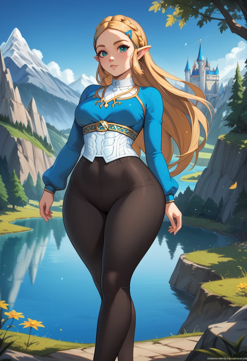 High quality, high resolution, masterpiece, intricate details, 1 girl, solo, Princess Zelda, beautiful, sexy face, gorgeous eyes, blue sweather, black pants, long hair, slim, slim waist, wide hips, fat butt, huge butt, thick thighs, hyrule, royal castle in background, lakes, trees, standing on a tall Mountain, at the top of a mountain, looking down at the view from the Mountain, blue sky, sunny, cute pose