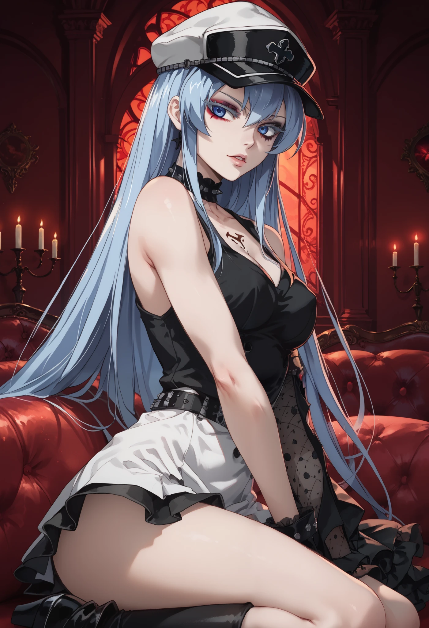 esdeath, 1girl, blue eyes, light blue hair, long hair, eyelashes, solo, black tank top, indoors ,medium breast, gothic dress, looking at the viewer, gothic makeup, GOTHIC MAKEUP, bedroom background, red lighted background, red lights, under red lights, HAT, full body