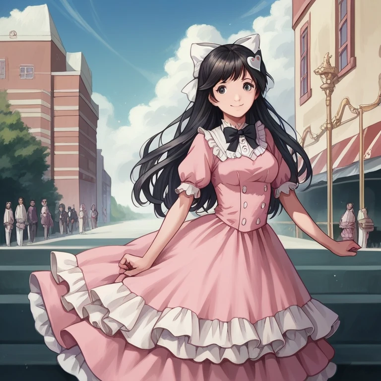    top quality,      masterpiece    ,  realistic , photo realistic , 1people々girl, 一peopleで, to smile,    black hair,    long hair,   standing, whole body, cyb   dress,   dress, pink   dress, layered   dress, frilled   dress, short sleeve, short pants , white short pants , ribbon, bowtie, ruffles, bow,   dress bow,   heart symbol  , hair bow,   hair ornament,    meias com ruffles  ,     platform jump   ,  amusement park , people々々,    Detailed history  , breasts, media,