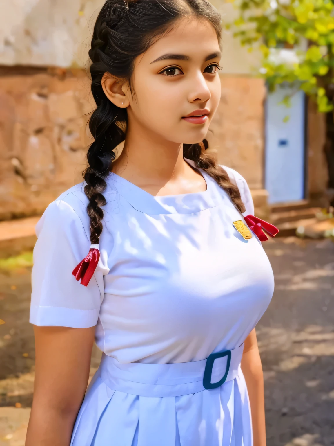 a beautiful detailed sri lanka girl, 1girl, twin braids hair, wearing white frock, black shoes, white socks, big breasts, standing , (best quality,4k,8k,highres,masterpiece:1.2),ultra-detailed,(realistic,photorealistic,photo-realistic:1.37),intricate details,extremely detailed skin,studio lighting,HDR,UHD,vivid colors,natural lighting,soft shadows,elegant,flawless skin,looking at camera