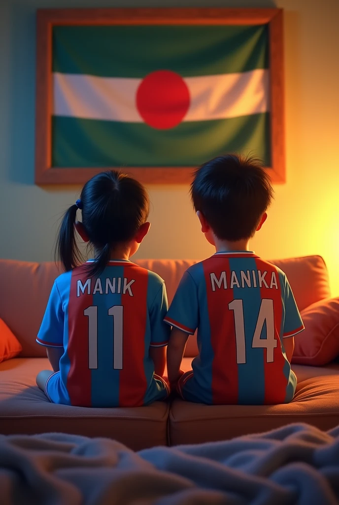 A boy whose name is "Mugdho" and a girl whose name is "A.A. Jim " wearing Bangladeshi cricket Jersey and sitting on a bench near sea.
The names of the boy and girl are written in the backside of the Jerseys. The Jersey number of boy is 09 and the Jersey number of the girl is 03