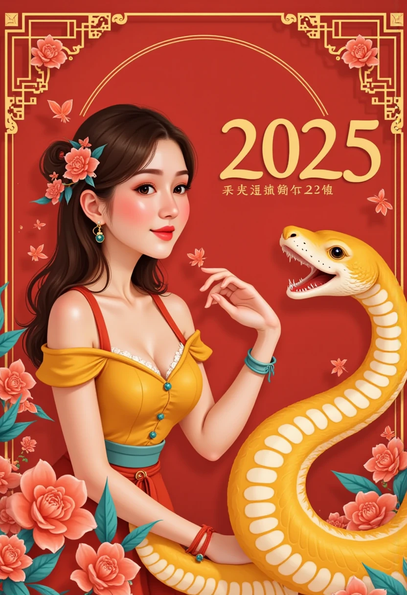 The snake and Lisamy, beautiful woman bends into the numbers "BEP 4.0 CHUC TET AT TY 2025," Lisamy,
creating a Chinese New Year atmosphere. This illustration adopts a flat and colorful style with geometric patterns. the lines and shapesare eye-catching,the color matching is full of vitality,the cartoon image incorporates traditional artistic elements,and the expression is liveIy,red,