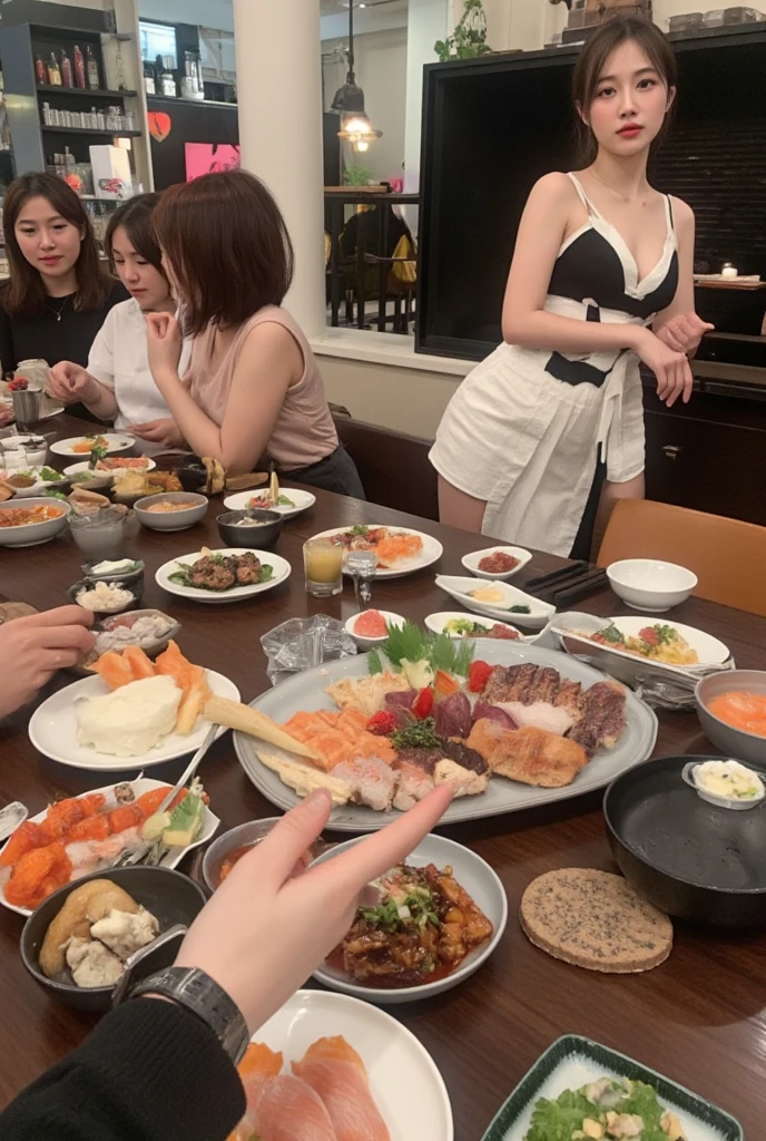 Exposing huge valleys)、((Crouching pose and legs wide open towards the viewer))、((Fully Naked))、((in the restaurant))、(Ultra-realistic armpits、hyper detailed underarm)、(Uphand)、nikon RAW photo、16 K、FujifilmXT3、​masterpiece、top-quality、realisitic、Photorealsitic、ultra-detailliert、extra detailed face、独奏、1girl in、High-end makeup products、 and a stylish expression on her face、irene1、(FULL BODYSHOT) , pretty , Nude , wet skin, sweat , (wide angle view) , round glasses, bobhaircut , (((shameless shitting above the table with crowded people having lunch and pose wide open towards the viewers))) , hand behind head