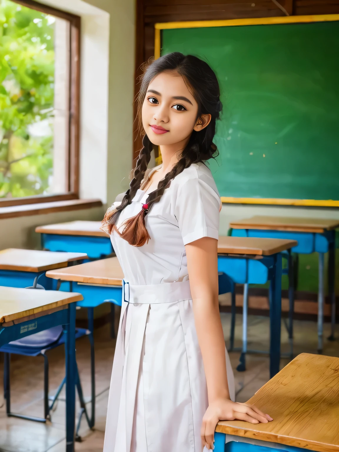 a beautiful detailed sri lanka girl, 1girl, twin braids hair, wearing white frock, black shoes, white socks, big breasts, standing in the classroom, (best quality,4k,8k,highres,masterpiece:1.2),ultra-detailed,(realistic,photorealistic,photo-realistic:1.37),intricate details,extremely detailed skin,studio lighting,HDR,UHD,vivid colors,natural lighting,soft shadows,elegant,flawless skin,looking at camera