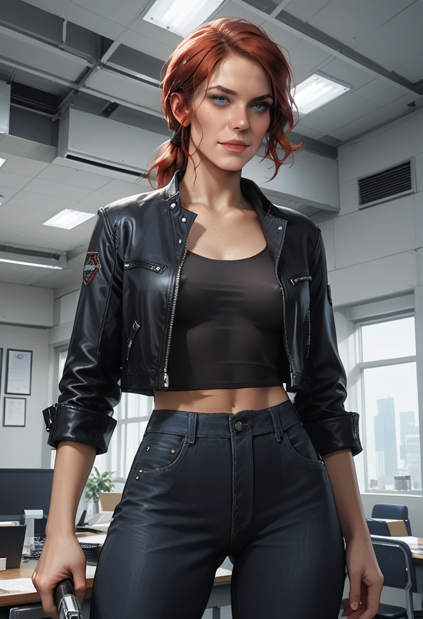 Score_9, score_8_up, score_7_up, source_real, realistic, photorealistic, 1girl, (Courtney Hope), (Jesse Faden) from "CONTROL", (blue eyes:1.32), light smile, red hair, in low loose ponytail, (fitted, 3/4 cropped black jacket), tight grey shirt, erect nipples, (skin-tight low-rise black jeans), holding, "Service Weapon", facing viewer, (dynamic action poses:1.37), (interior of vintage office:1.3), (white brutalist architecture), ultra-detailed, highly detailed, J3sse