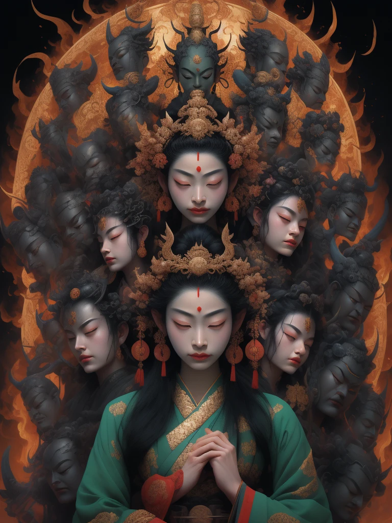 masterpiece,best quality,detailed,nsfw, a woman meditating in front of lots of masks, in the style of zhang jingna, photomontage, hirohiko araki, oriental, sergio toppi, theatrical, poster art, naked, nude,  <lora:qrqm_20230804132612:0.8>