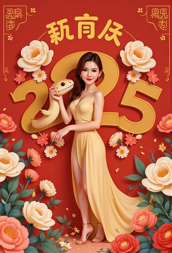 The snake and Lisamy, beautiful woman bends into the numbers "BEP 4.0 CHUC TET AT TY 2025," Lisamy,
creating a Chinese New Year atmosphere. This illustration adopts a flat and colorful style with geometric patterns. the lines and shapesare eye-catching,the color matching is full of vitality,the cartoon image incorporates traditional artistic elements,and the expression is liveIy,red,