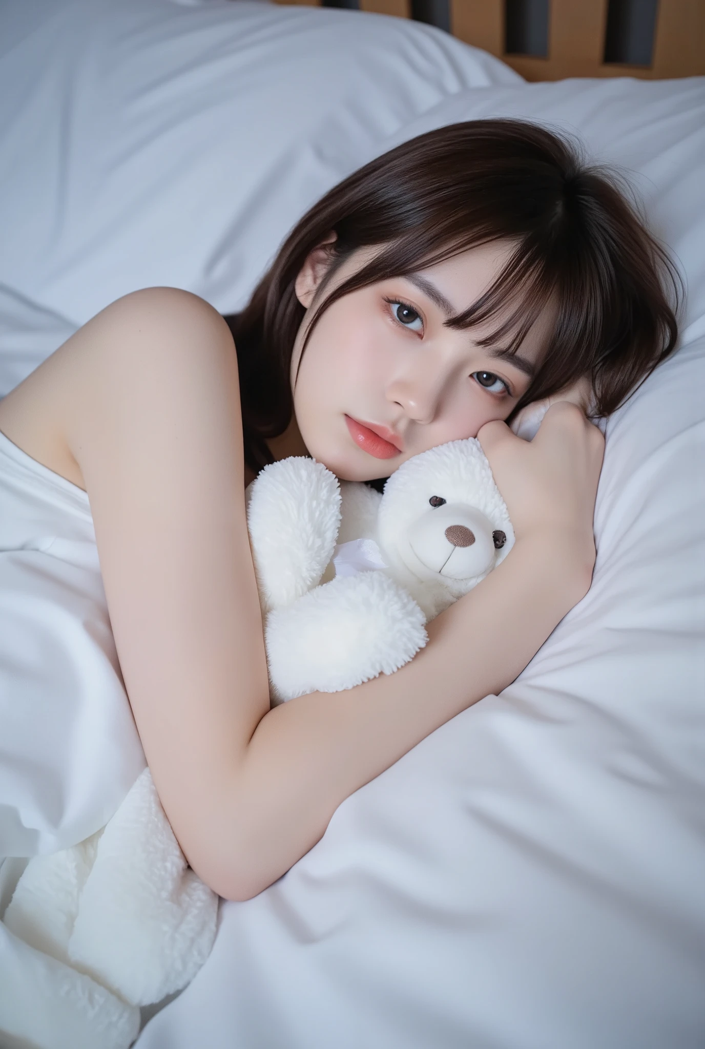 there is a woman laying on a bed with a teddy bear, Lalisa Manoban do Blackpink, Lalisa Manobal, Retrato de Jossi de Blackpink, jossi do blackpink, Parque Roseanne do Blackpink, O corte Hime, Massa Amane *, Ulzzang, Sakimichan, Chiho, Massa Amane, com franja