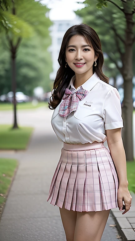 full body shot, from below,  Japanese woman with a viewing angle of, 68 years old,  detailed face , Facial wrinkles, Wrinkles around the eyes, smile,  Detailed Skin Textures ,  white skin,  heavy makeup ,  long hair, (curvy body, saggy breasts,  plump thighs), (earrings, school uniform, short sleeve shirt, summer style with light fabric, bow tie, pink mini skirt, plaid pleated mini skirt:1.2), ( is wearing high heels:1.2), ( standing in the park,  photograph the whole body from toe to head:1.2), (surrealism, best quality, ultra detailed, absolutely resolution, 8k, anatomically correct), depth of field, looking at viewer, tachi-e, , (drshe), (bimajo ), full body,  detailed face 
