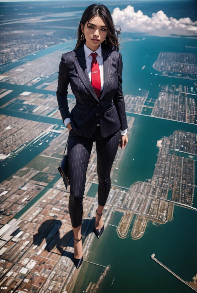 Giantess art, 100 miles tall giga giantess, sophisticated and stylish woman in a light black italian pinstriped trouser suit, form fitting crisp white office shirt, and a large wide red necktie in a windsor knot, with a beautiful, curvaceous figure, large natural breasts, and long wavey blonde hair, with a curvaceous figure and massive breasts. wearing red rounded court high heels with uncovered feet and standing, rampage-like pose, with a cityscape background of mega-city, urban sprawl, and small towns, partially obscured by a hazy, cloudy atmosphere. The image is a high-resolution, masterpiece-quality, cinematic, ultra-detailed, and hyper-photorealistic photograph, with perfect hands, face, and lighting. ultra-detailed, 8K, photo-realistic, hyper-realistic, masterpiece, intricate details, full body view. Looking at camera, The image is a high-resolution, masterpiece-quality, cinematic, ultra-detailed, and hyper-photorealistic photograph, with perfect hands, face, and lighting. ultra-detailed, 8K, photo-realistic, hyper-realistic, masterpiece, intricate details, full body view, view from below