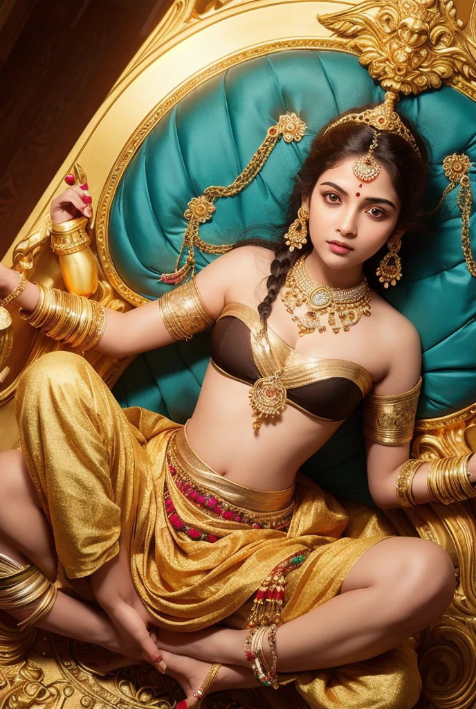 Create an illustration depicting a grand royal feast in Duryodhana's palace, featuring a young and beautiful Bhanumati, who is . Highlight the presence of Krishna, who remains calm and composed amidst the intoxicated guests. Show Bhanumati, inebriated, clinging to Krishna, who gently handles her like a . The scene should reflect the opulence of the palace, the festive atmosphere, and the contrast between the drunken revelers and Krishna's serene demeanor. Optionally, include a moment where Krishna takes Bhanumati to Gandhari's chamber for safekeeping.